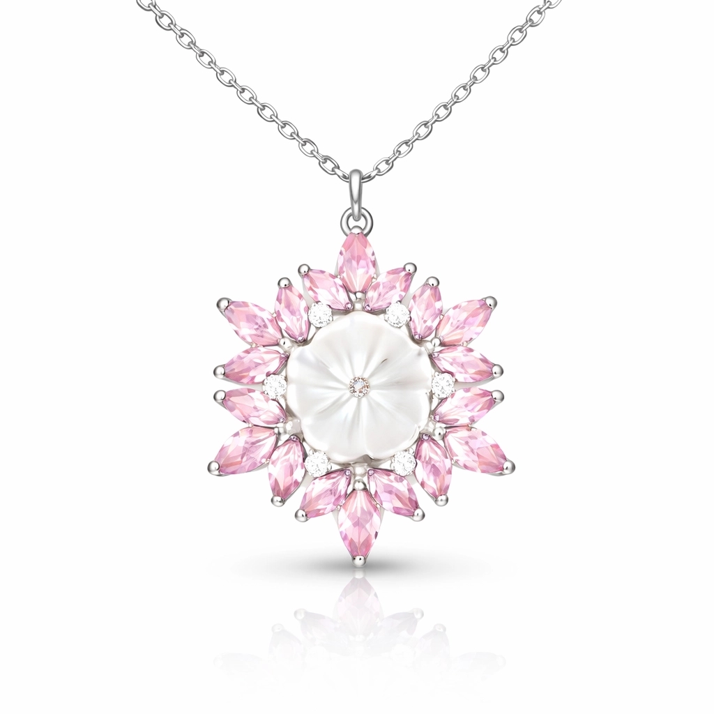 Gümüş Pembe Lotus Desenli Çiçek Kadın Kolye