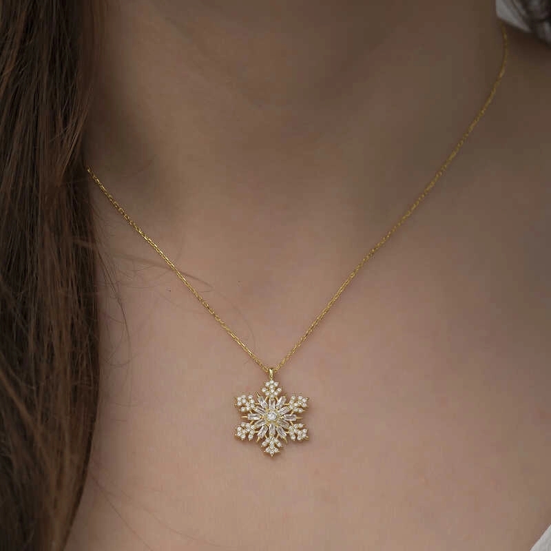 Gümüş Gold Kar Tanesi Kolye