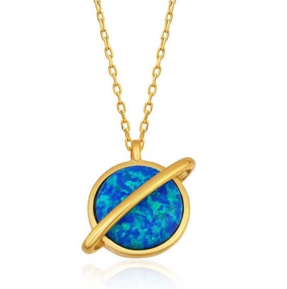 Gümüş Gold Opal Taşlı Gezegen Bayan Kolye