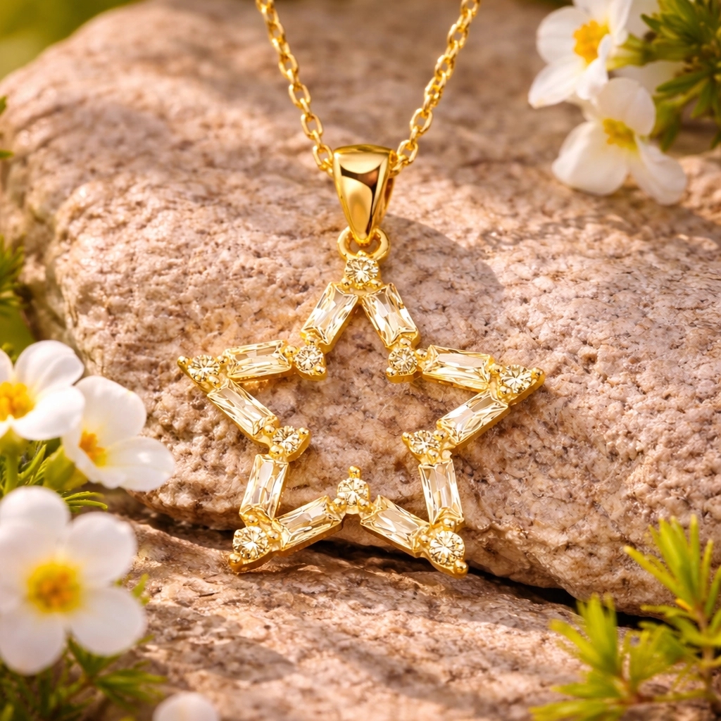 Kadın Gold Gümüş Baget Taşlı Yıldız Kolye — Nes Altın — görsel 2