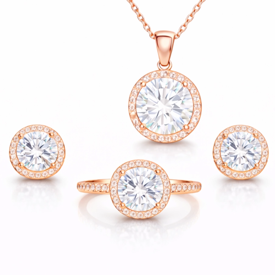 Rose Kaplama Gümüş Yuvarlak Montür Tektaş Set – Kolye Küpe Yüzük — Nes Altın