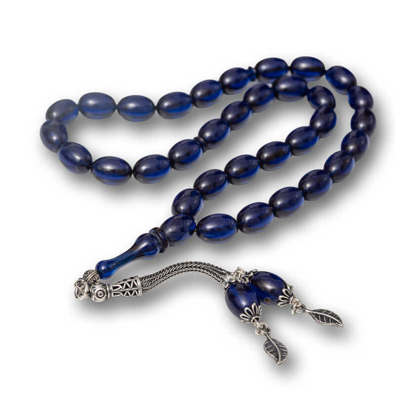 Gümüş Püsküllü Lacivert Sıkma Kehribar Tesbih