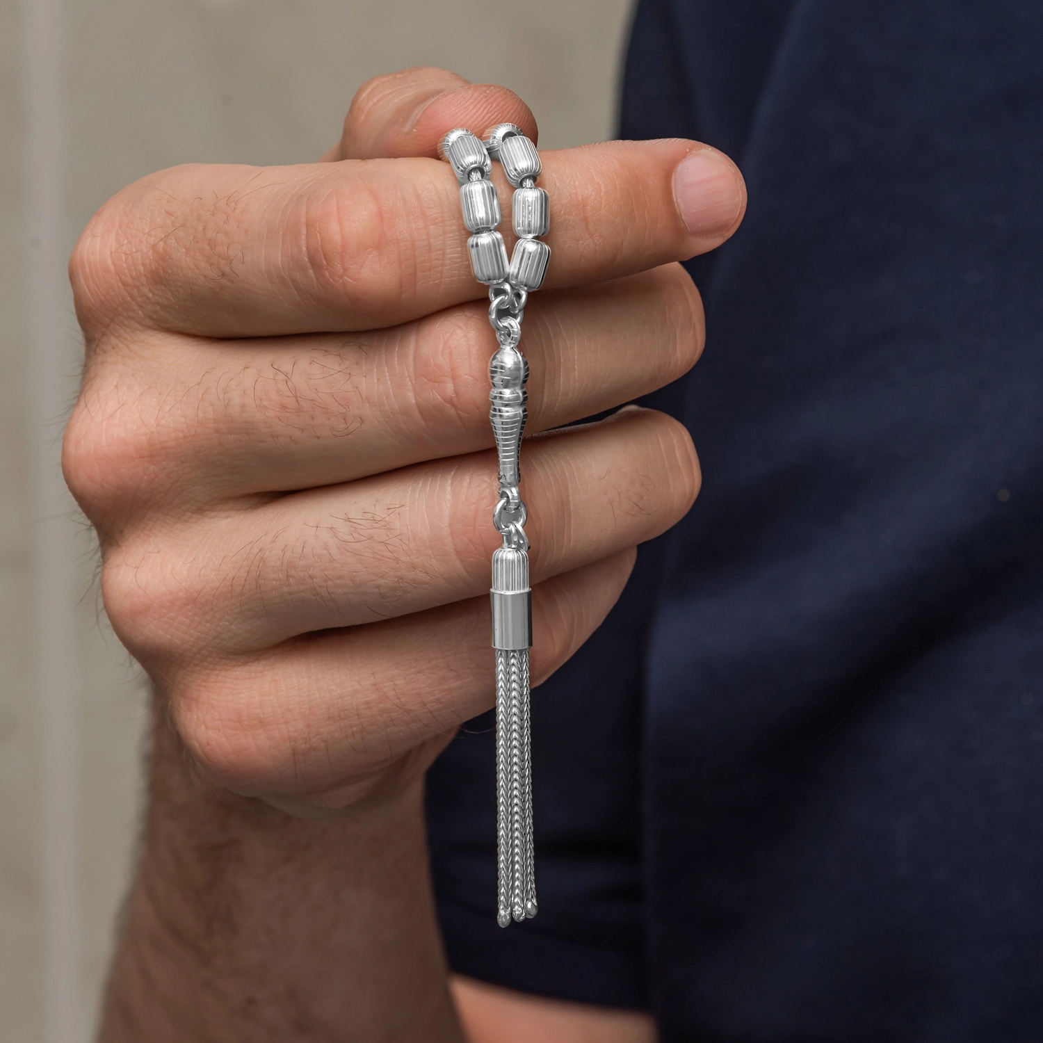 Gümüş Kapsül Kesim Çizgili Erkek Tesbih – 23 cm — Nes Altın — görsel 3